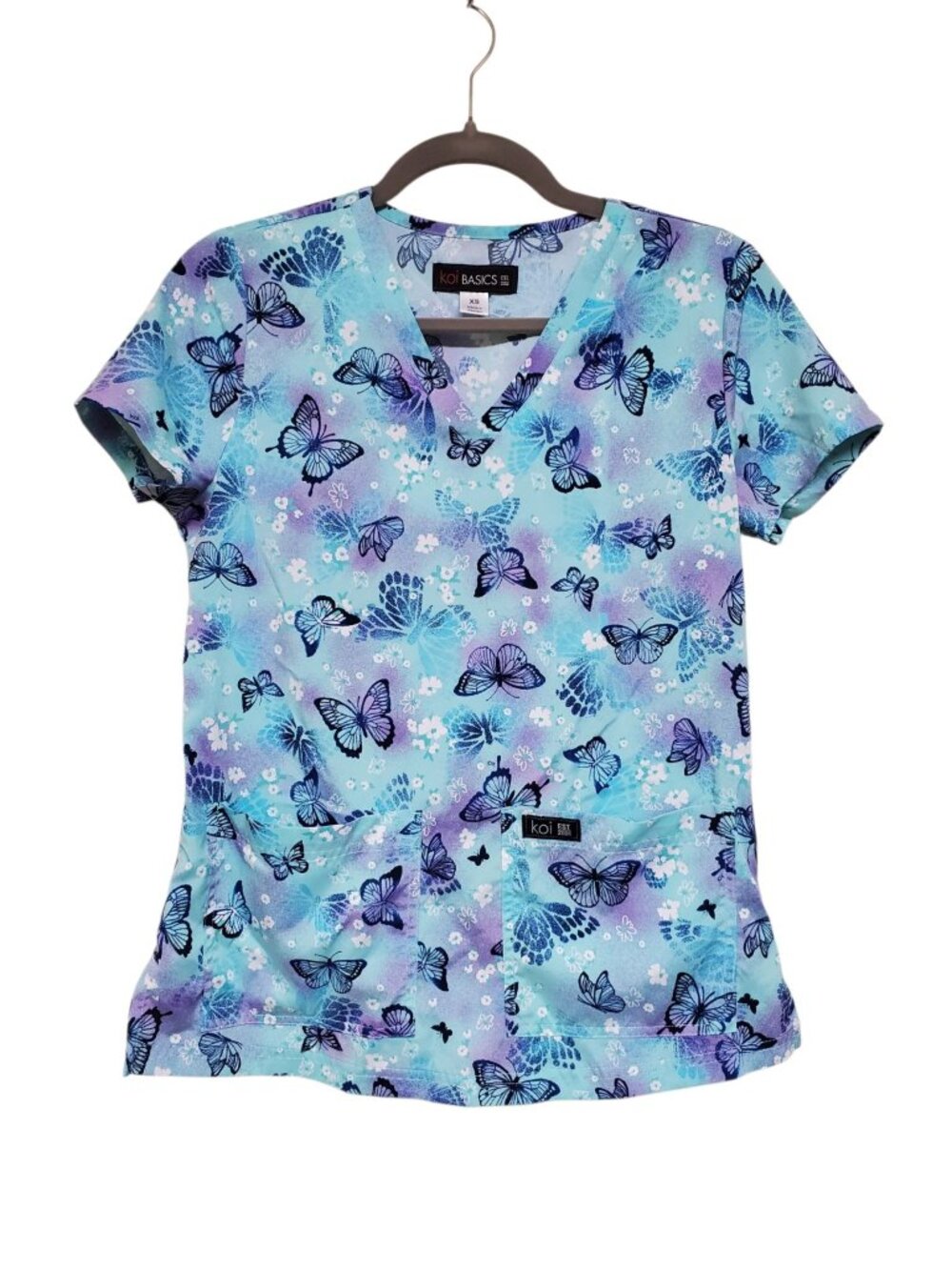 Koi Basics Women's Blue Purple Tie Dye Butterfly Print Pocket Scrub Top Size XS
